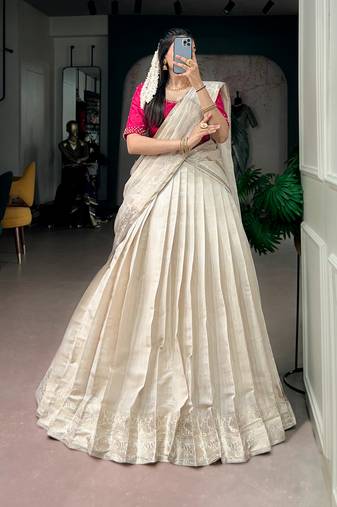 Women's Poly Kanjivaram Zari Weaving Half Saree Lehenga Set