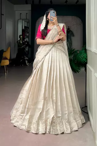 Women's Poly Kanjivaram Zari Weaving Half Saree Lehenga Set