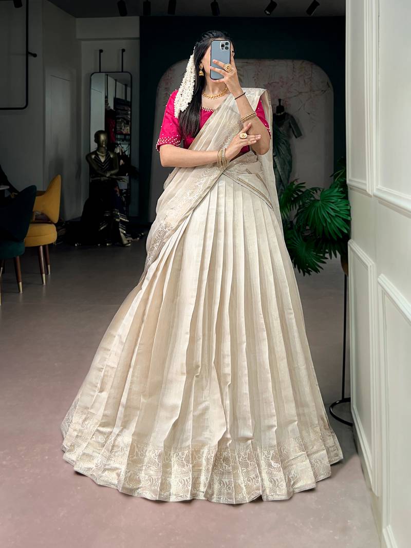 Women's Poly Kanjivaram Zari Weaving Half Saree Lehenga Set