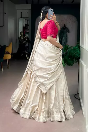 Women's Poly Kanjivaram Zari Weaving Half Saree Lehenga Set