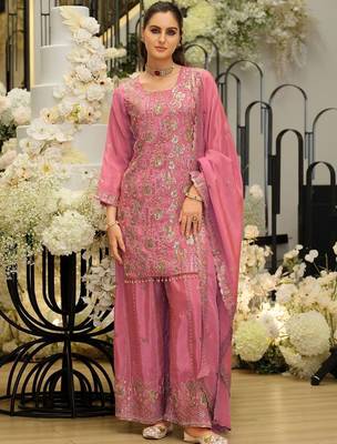 Women Ethnic Motifs Embroidered Regular Sequinned Kurta with Sharara & With Dupatta 5