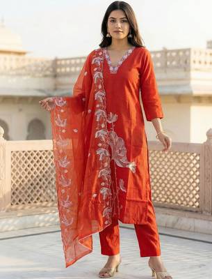 Women Regular Thread Work Kurta with Trousers & With Dupatta 1