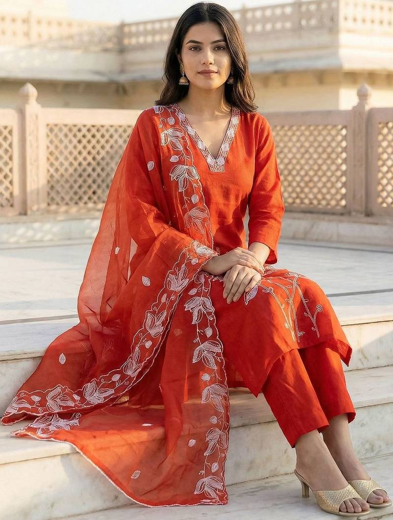 Women Regular Thread Work Kurta with Trousers & With Dupatta