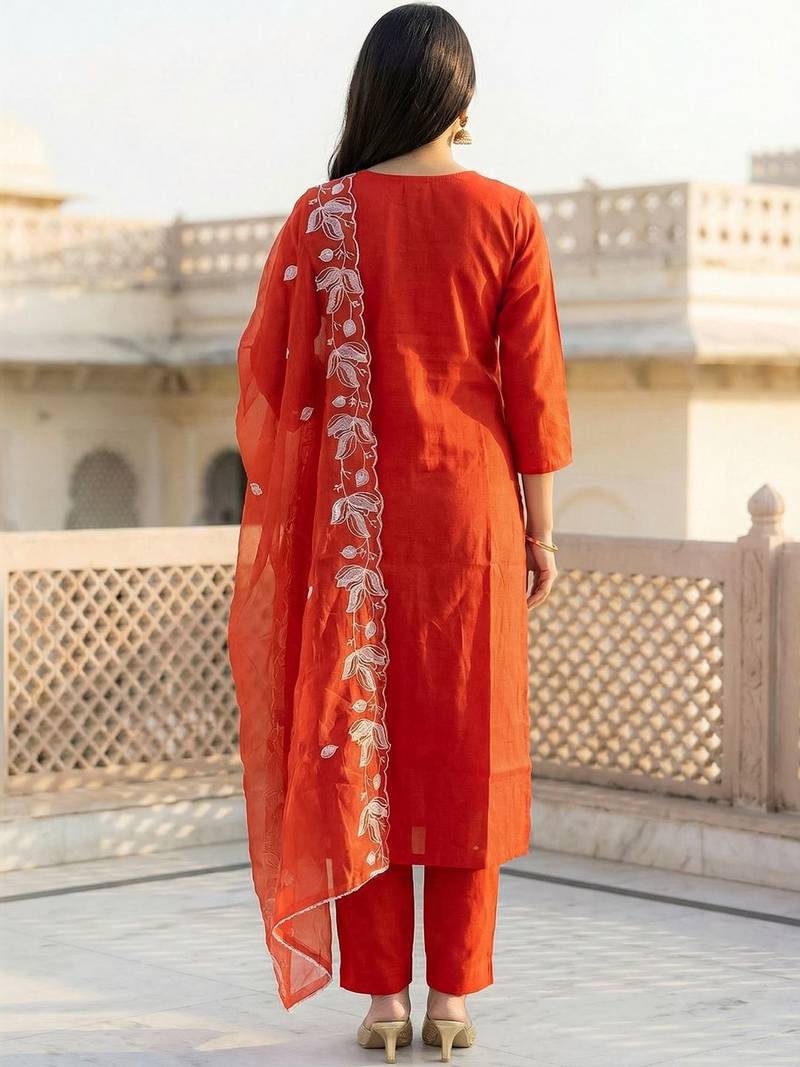 Women Regular Thread Work Kurta with Trousers & With Dupatta
