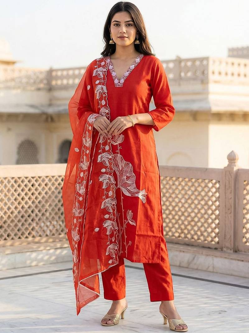 Women Regular Thread Work Kurta with Trousers & With Dupatta