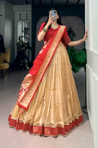 Women's Kanchipuram Silk Zari Woven Lehenga Choli with Paithani Jacquard Dupatta.
