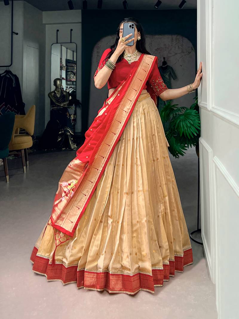 Women's Kanchipuram Silk Zari Woven Lehenga Choli with Paithani Jacquard Dupatta.