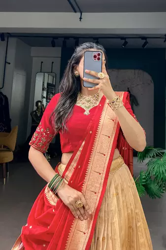 Women's Kanchipuram Silk Zari Woven Lehenga Choli with Paithani Jacquard Dupatta.