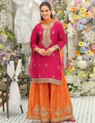 Women Ethnic Motifs Embroidered Regular Thread Work Kurta with Sharara & With Dupatta 1