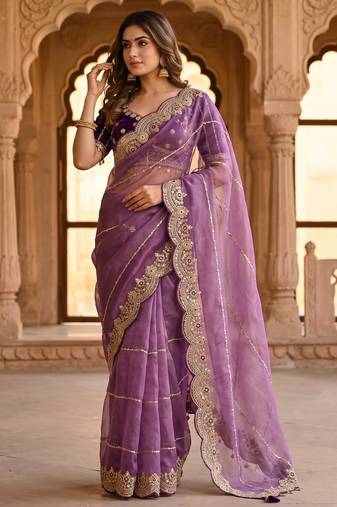 lavender color embroidery sequence work heavy border with buttis satin saree