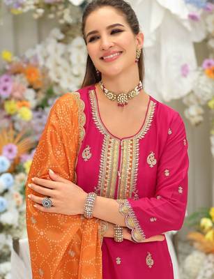 Women Ethnic Motifs Embroidered Regular Thread Work Kurta with Sharara & With Dupatta 3