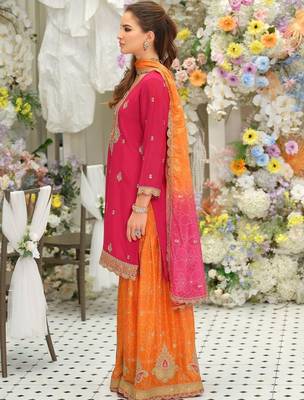 Women Ethnic Motifs Embroidered Regular Thread Work Kurta with Sharara & With Dupatta 6