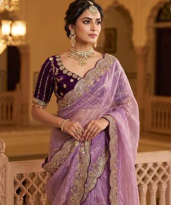lavender color embroidery sequence work heavy border with buttis satin saree 2
