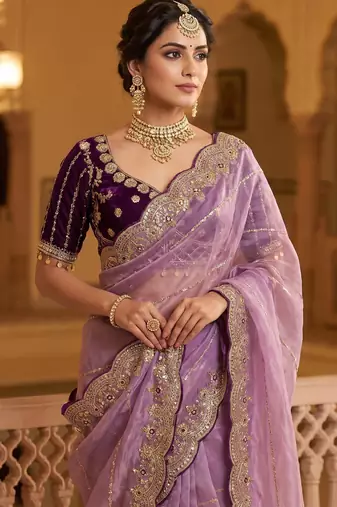 lavender color embroidery sequence work heavy border with buttis satin saree