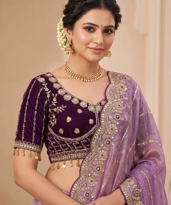 lavender color embroidery sequence work heavy border with buttis satin saree 3