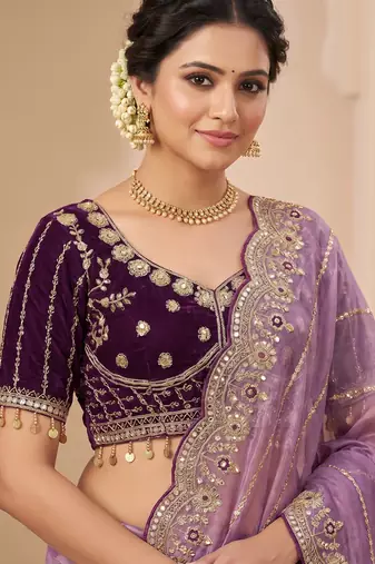 lavender color embroidery sequence work heavy border with buttis satin saree