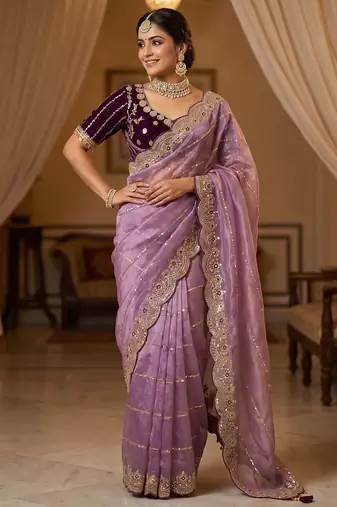 lavender color embroidery sequence work heavy border with buttis satin saree