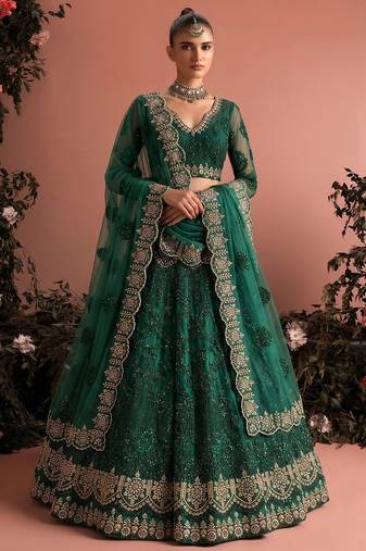 Dark Green Butterfly Net Heavy Embroidery With Stone Work