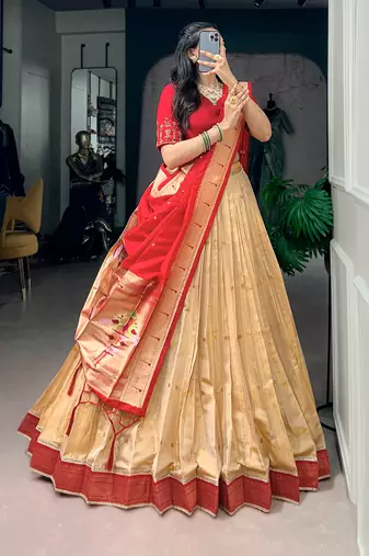 Women's Kanchipuram Silk Zari Woven Lehenga Choli with Paithani Jacquard Dupatta.