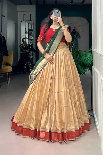 Women's Kanchipuram silk blend Zari Woven Lehenga Choli with Paithani Jacquard Dupatta