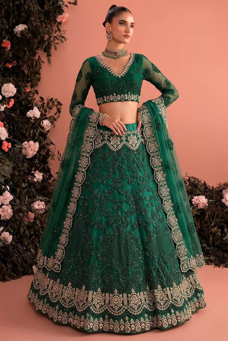 Dark Green Butterfly Net Heavy Embroidery With Stone Work