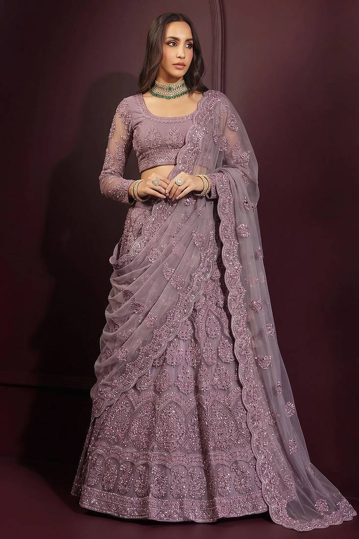 Mauve Butterfly Net Heavy Embroidery With Stone Work