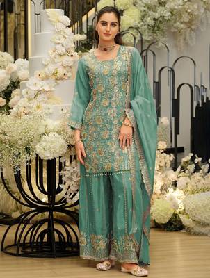Women Ethnic Motifs Embroidered Regular Sequinned Kurta with Sharara & With Dupatta 1