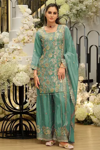 Women Ethnic Motifs Embroidered Regular Sequinned Kurta with Sharara & With Dupatta