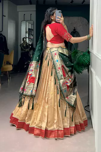 Women's Kanchipuram silk blend Zari Woven Lehenga Choli with Paithani Jacquard Dupatta