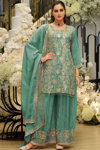 Women Ethnic Motifs Embroidered Regular Sequinned Kurta with Sharara & With Dupatta