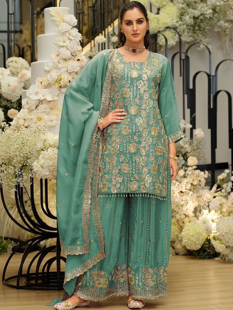 Women Ethnic Motifs Embroidered Regular Sequinned Kurta with Sharara & With Dupatta
