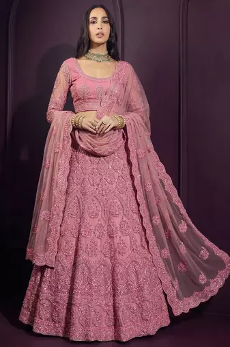 Pink Butterfly Net Heavy Embroidery With Stone Work