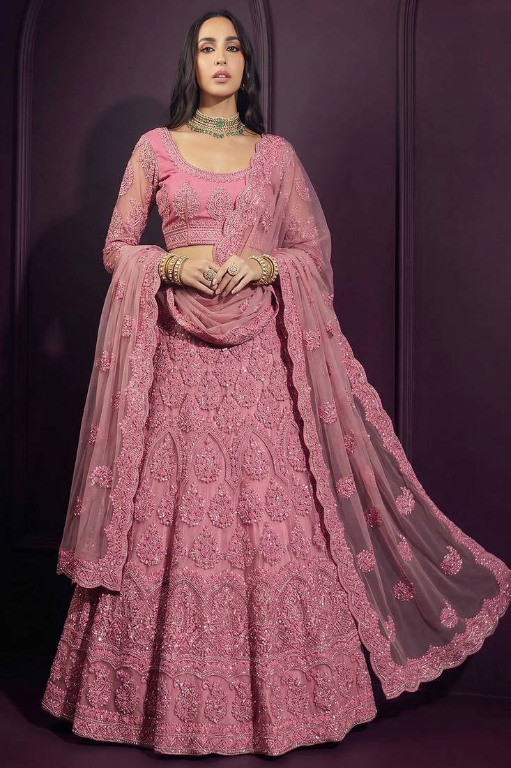 Pink Butterfly Net Heavy Embroidery With Stone Work