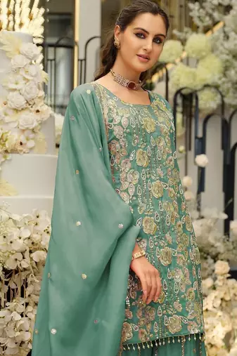Women Ethnic Motifs Embroidered Regular Sequinned Kurta with Sharara & With Dupatta