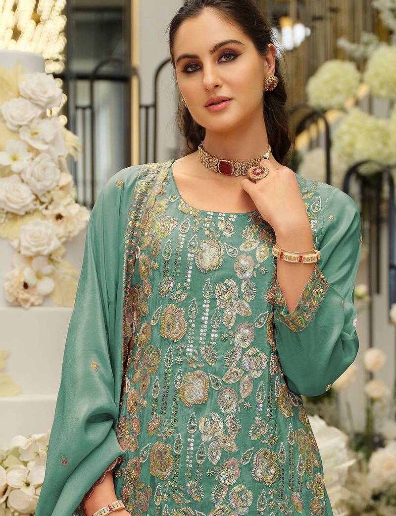 Women Ethnic Motifs Embroidered Regular Sequinned Kurta with Sharara & With Dupatta