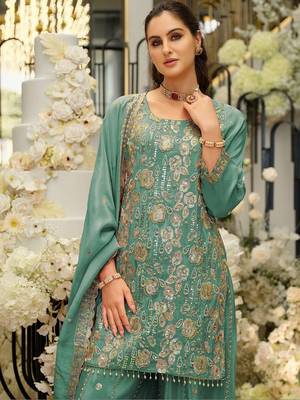 Women Ethnic Motifs Embroidered Regular Sequinned Kurta with Sharara & With Dupatta 5