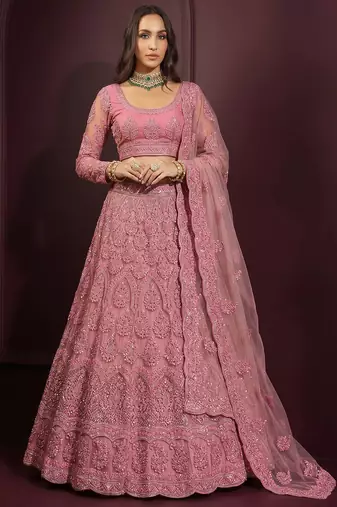 Pink Butterfly Net Heavy Embroidery With Stone Work