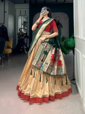 Women's Kanchipuram silk blend Zari Woven Lehenga Choli with Paithani Jacquard Dupatta 4