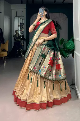 Women's Kanchipuram silk blend Zari Woven Lehenga Choli with Paithani Jacquard Dupatta