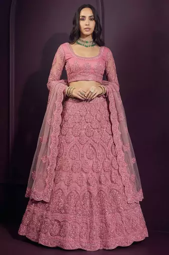 Pink Butterfly Net Heavy Embroidery With Stone Work