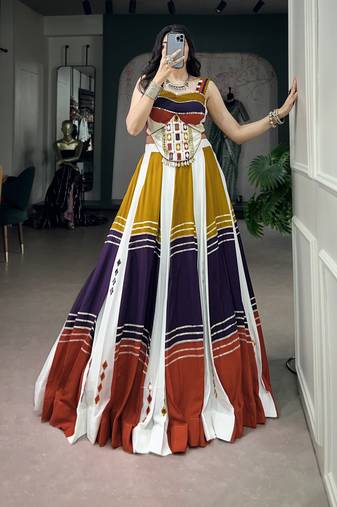 Women's Soft Rayon Multicolor Navratri free size Lehenga Choli Set with Authentic Mirror & Gota Patti