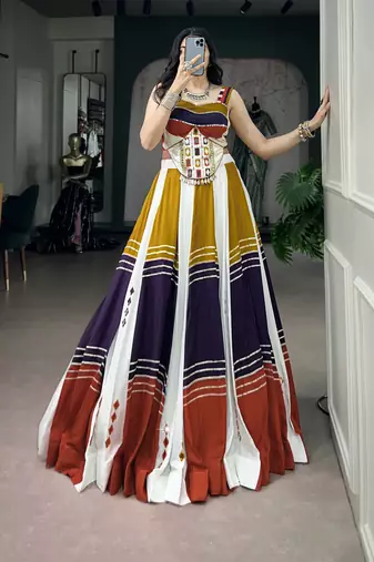 Women's Soft Rayon Multicolor Navratri free size Lehenga Choli Set with Authentic Mirror & Gota Patti