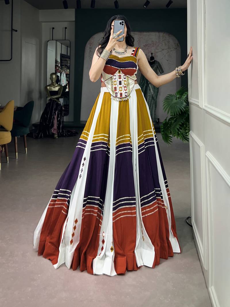 Women's Soft Rayon Multicolor Navratri free size Lehenga Choli Set with Authentic Mirror & Gota Patti