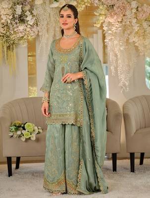 Women Ethnic Motifs Embroidered Regular Mirror Work Kurta with Sharara & With Dupatta 1