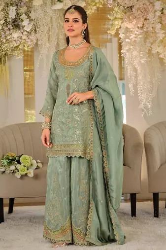 Women Ethnic Motifs Embroidered Regular Mirror Work Kurta with Sharara & With Dupatta