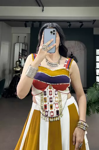 Women's Soft Rayon Multicolor Navratri free size Lehenga Choli Set with Authentic Mirror & Gota Patti