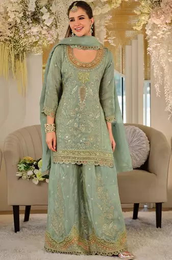 Women Ethnic Motifs Embroidered Regular Mirror Work Kurta with Sharara & With Dupatta