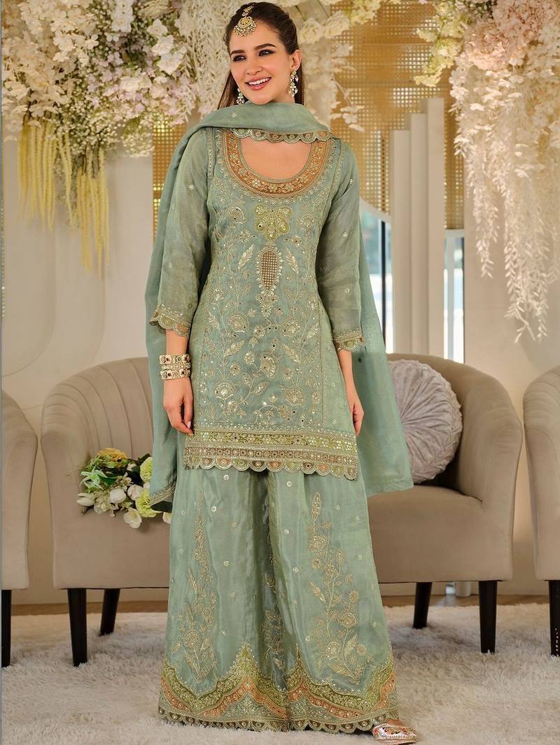 Women Ethnic Motifs Embroidered Regular Mirror Work Kurta with Sharara & With Dupatta