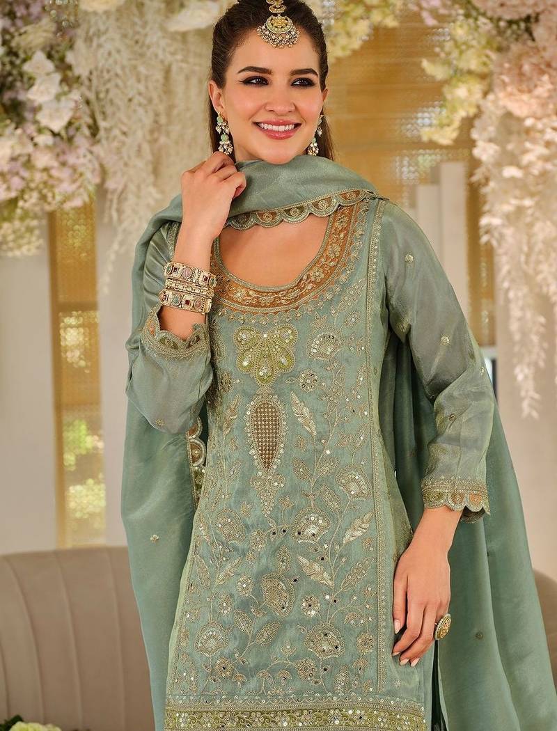 Women Ethnic Motifs Embroidered Regular Mirror Work Kurta with Sharara & With Dupatta