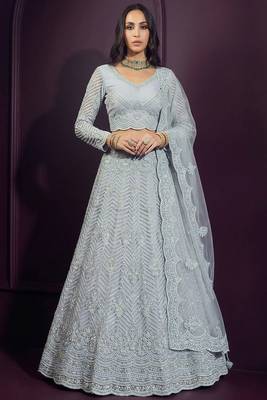 Grey Butterfly Net Heavy Embroidery With Stone Work 1